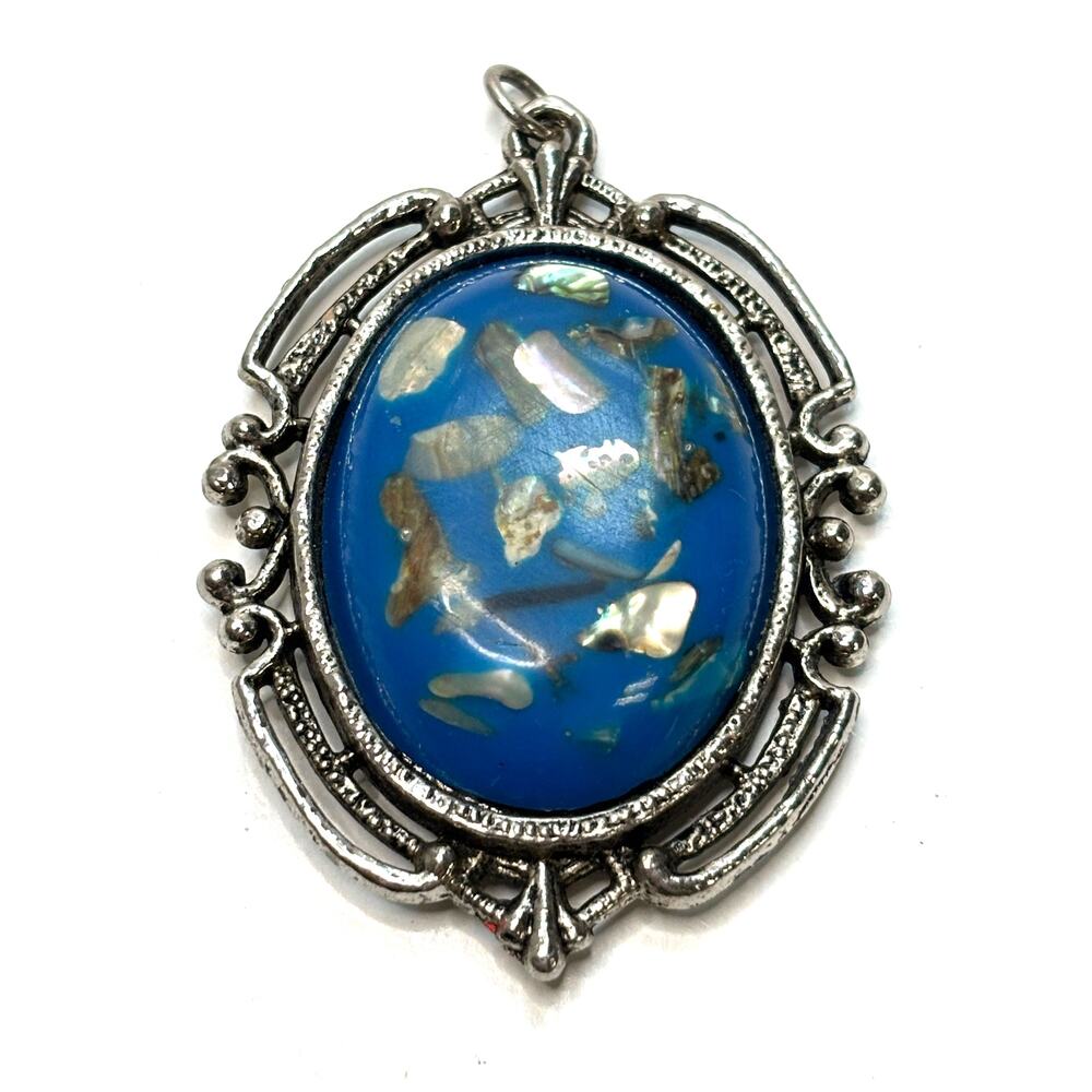 Vintage Large Oval Pendant Abalone in Resin Silver Tone Metal Mirror Back 2.5"